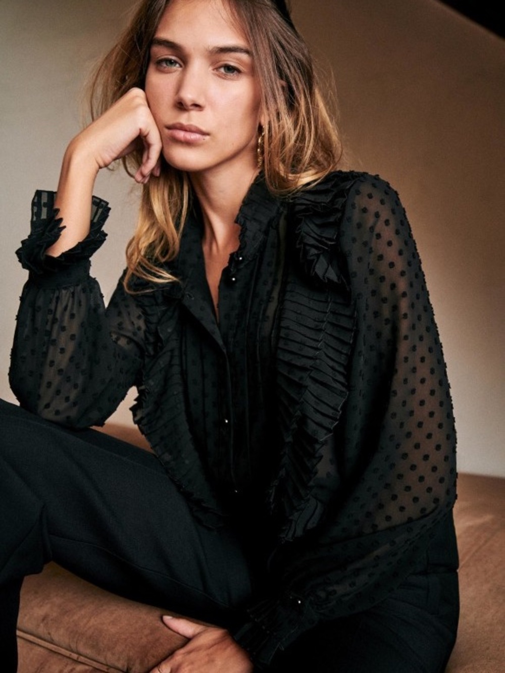 Sezane Dany Shirt Sheer Black Swiss Dot Ruffle Blouse size 40